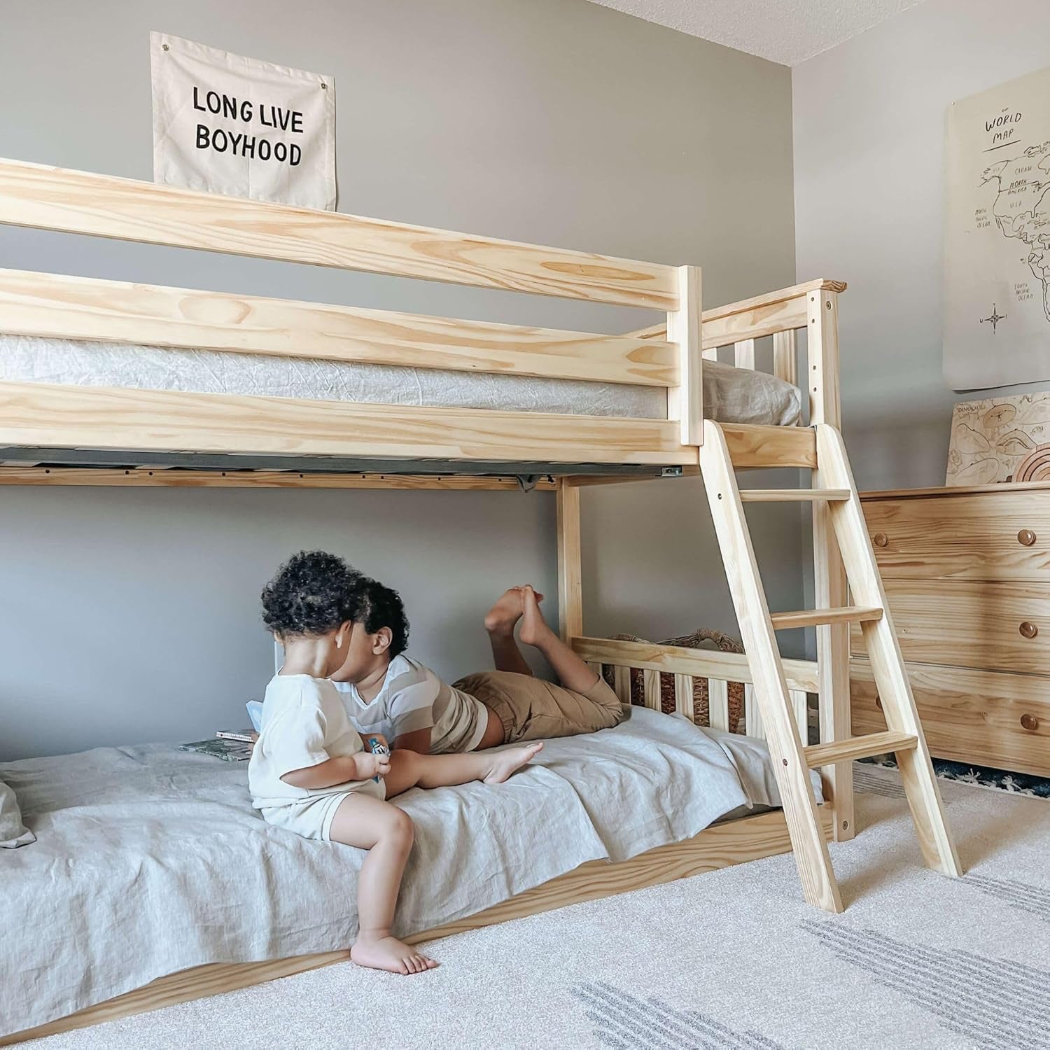 Twin over Twin Low Bunk Bed with Ladder, Wooden Bunk Beds with 14” Safety Guardrail for Kids,Toddlers, Boys, Girls, Teens, Bedroom Furniture, Natural