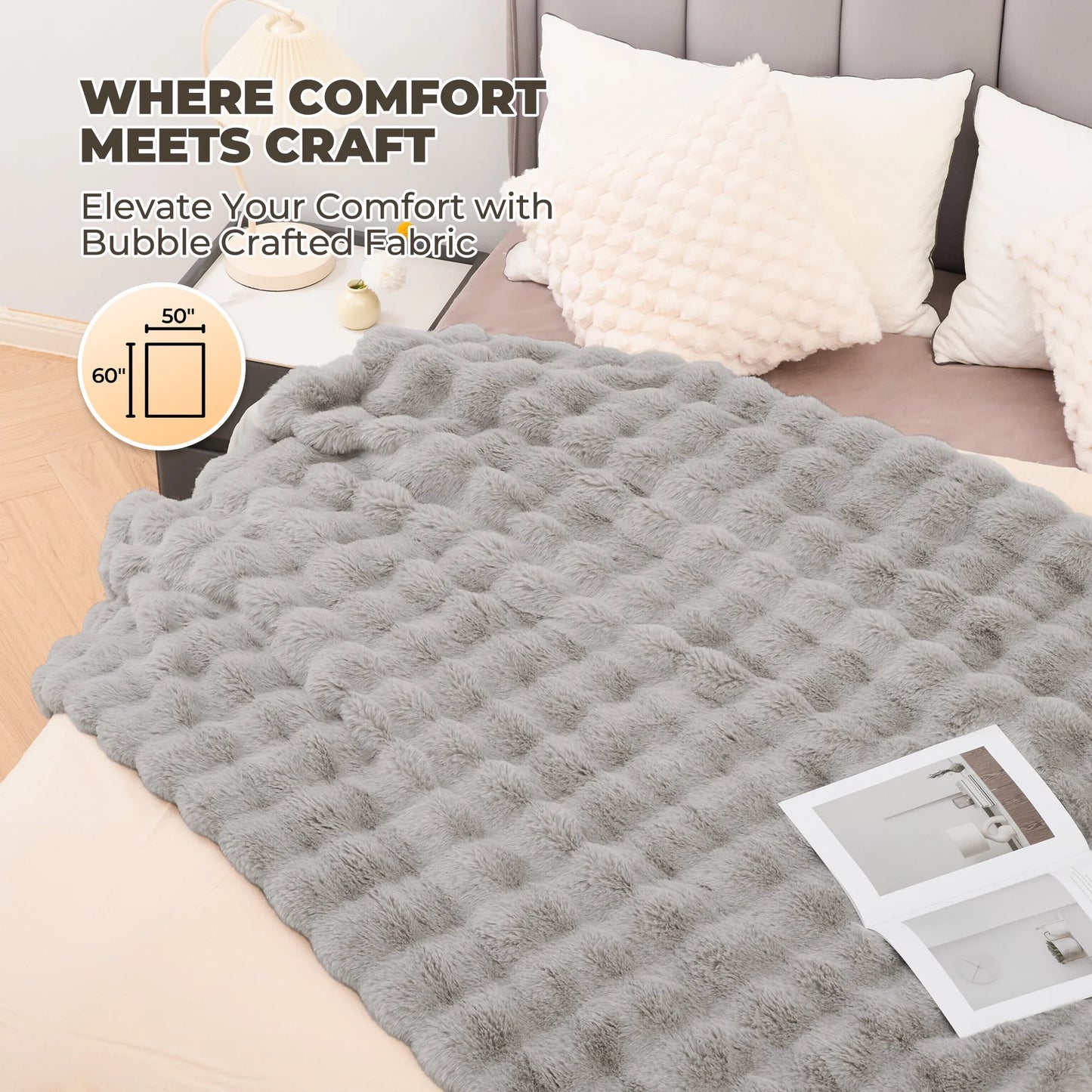 Electric Throw Blanket 50"X60", Faux Fur Heated Throw, 6 Heating Levels, 4 Hours Timer, Machine Washable, Gray