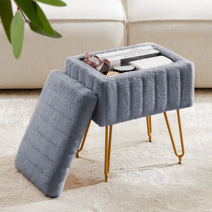 Faux Fur Living Room Hidden Storage Stools & Ottomans Padded Makeup with 4 Metal Legs Anti-Slip Adjustable Feet for Home