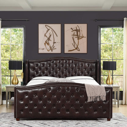 Marcella Upholstered Shelter Headboard Bed Set, King, Vintage Brown Faux Leather