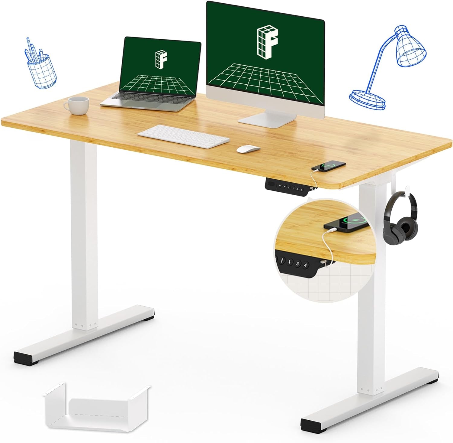 Adjustable Desk Quick Assembly Electric Standing Desk with 48 X 24 Inches Whole-Piece Ergonomic Memory Controller Sit Stand Desk(White Frame + 48" Bamboo Texture Desktop)