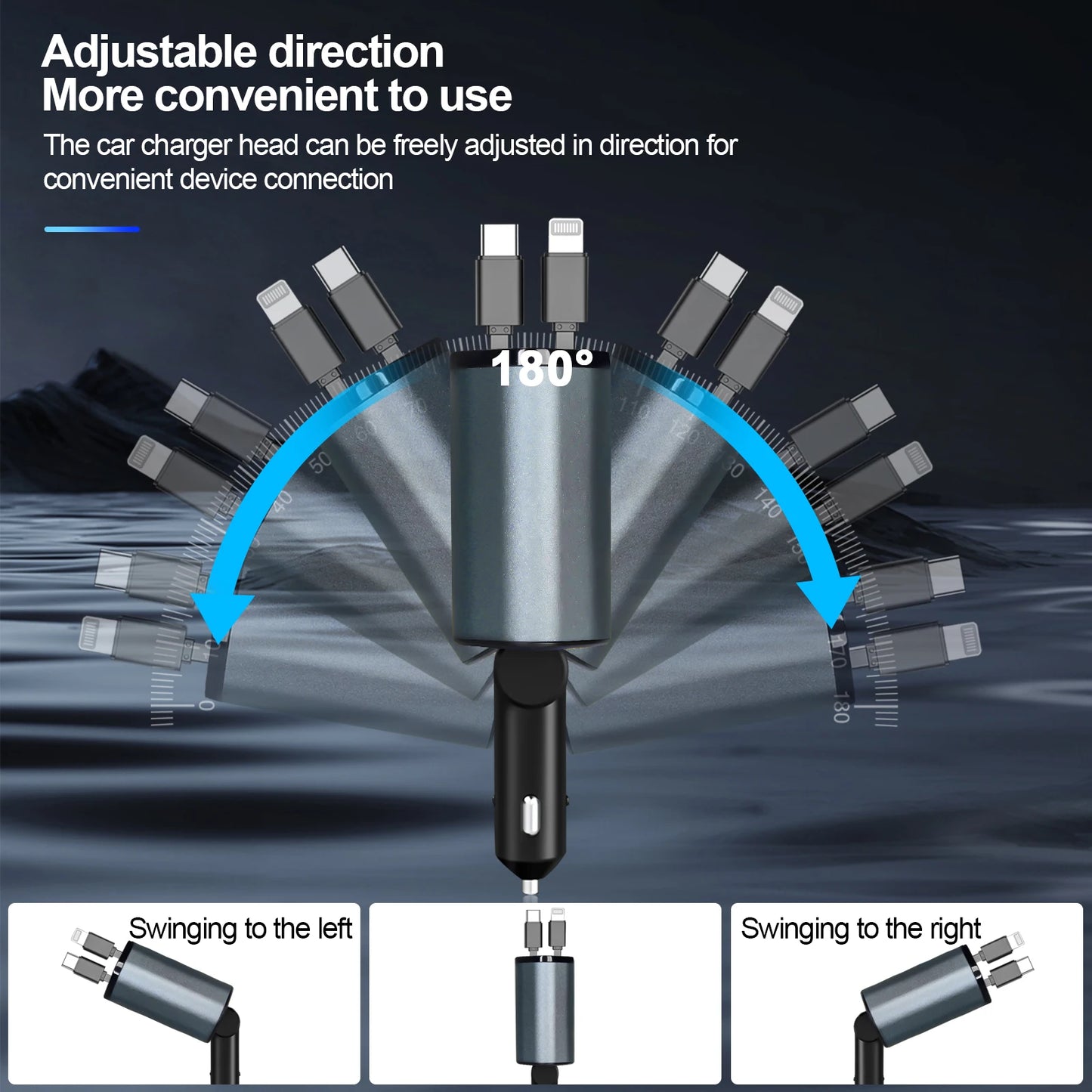 100W Car Charger Car Super Fast Charge Flash Charging, Telescopic Cable Four-In-One Point Smoker Car Charging