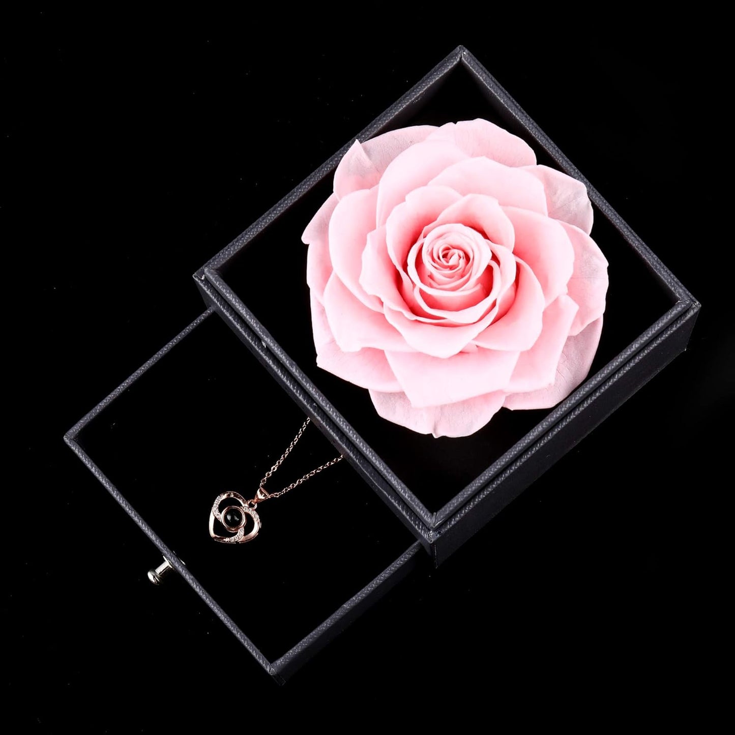 Preserved Real Pink Rose with Love You Necklace in 100 Languages Gift Set, Enchanted Real Rose Flower for Valentine'S Day Anniversary Wedding Bthday Romantic Gifts for Her (Pink Rose)