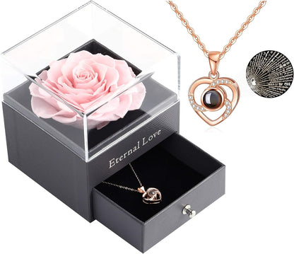 Preserved Real Pink Rose with Love You Necklace in 100 Languages Gift Set, Enchanted Real Rose Flower for Valentine'S Day Anniversary Wedding Bthday Romantic Gifts for Her (Pink Rose)