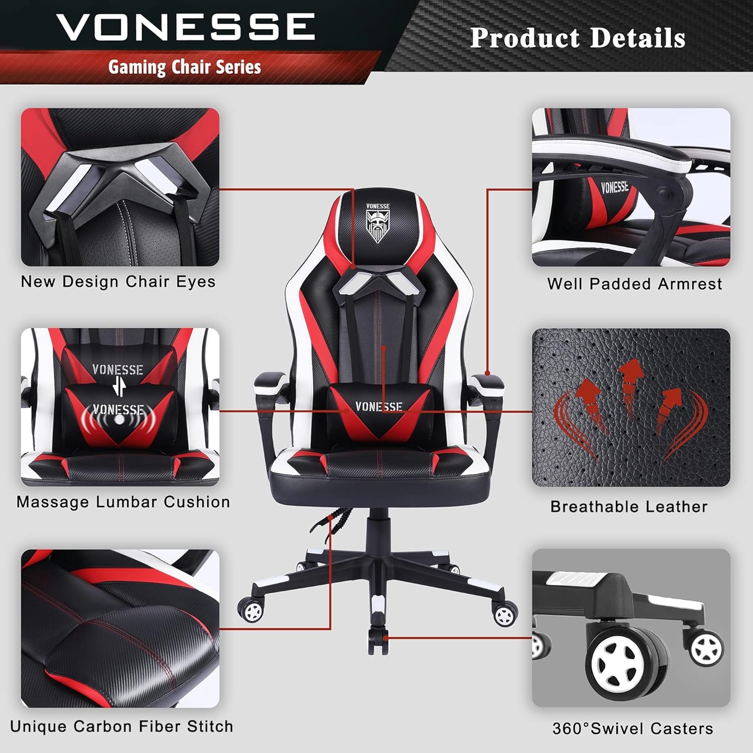 Gaming Chair for Girls, High Back Game Chair, Ergonomic Gaming Chairs for Adults, Big and Tall PC Computer Racer Gaming Chair, Reclining Gamer Desk Chair with Massage Lumbar Cushion (Red)