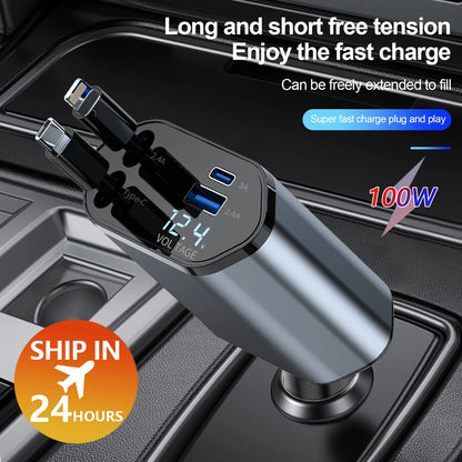 100W Car Charger Car Super Fast Charge Flash Charging, Telescopic Cable Four-In-One Point Smoker Car Charging