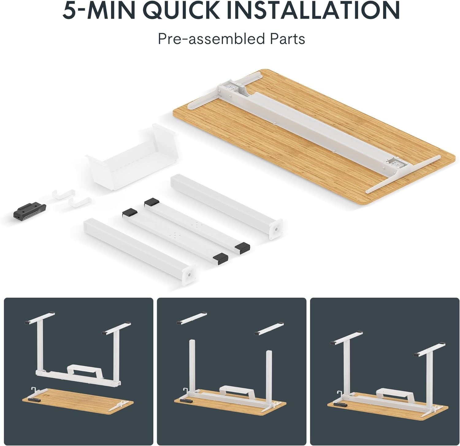 Adjustable Desk Quick Assembly Electric Standing Desk with 48 X 24 Inches Whole-Piece Ergonomic Memory Controller Sit Stand Desk(White Frame + 48" Bamboo Texture Desktop)