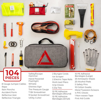 Emergency Car Kits for Vehicles - Roadside Emergency Car Kit (104 Pieces) - Car Kits for Emergency - Roadside Car Kit with Jumper Cables and Mini First Aid Kit - Gray Bag